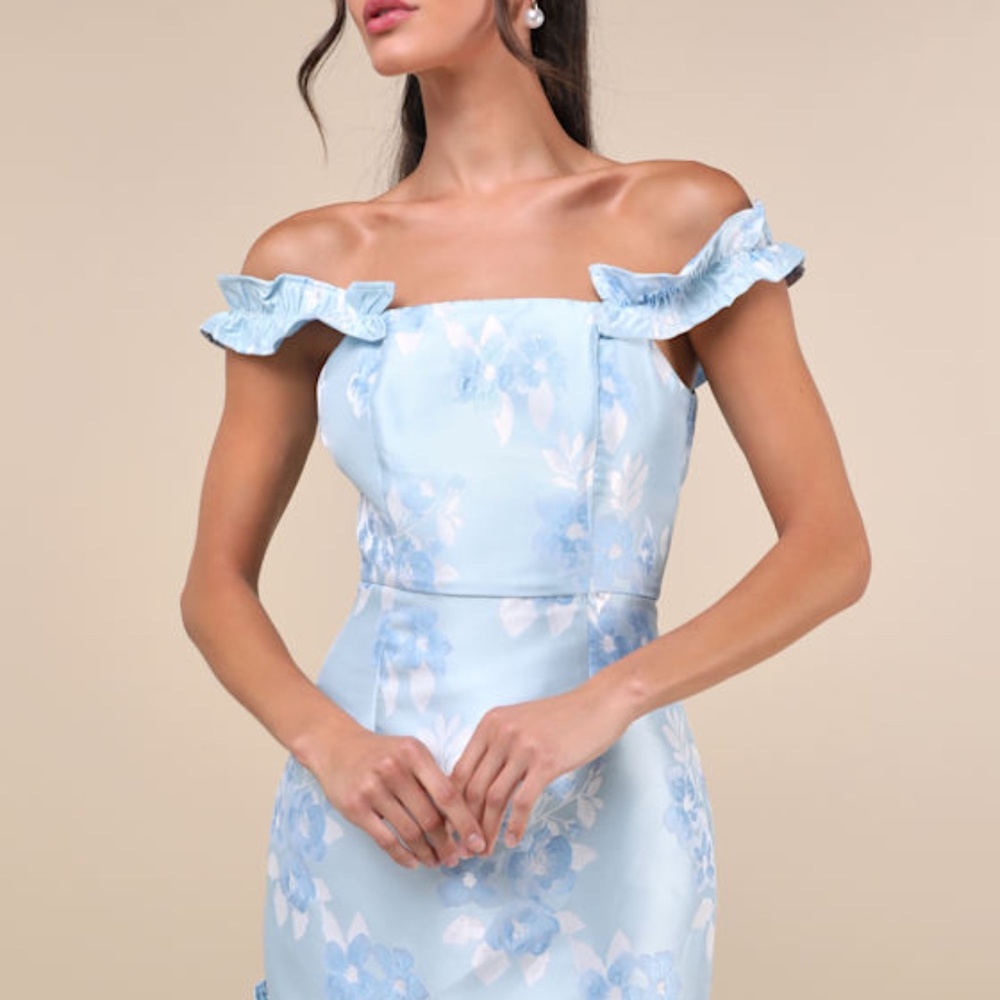 Lulus Pop The Bottle Light Blue Floral Jacquard Ruffled Mini Dress - Size M
